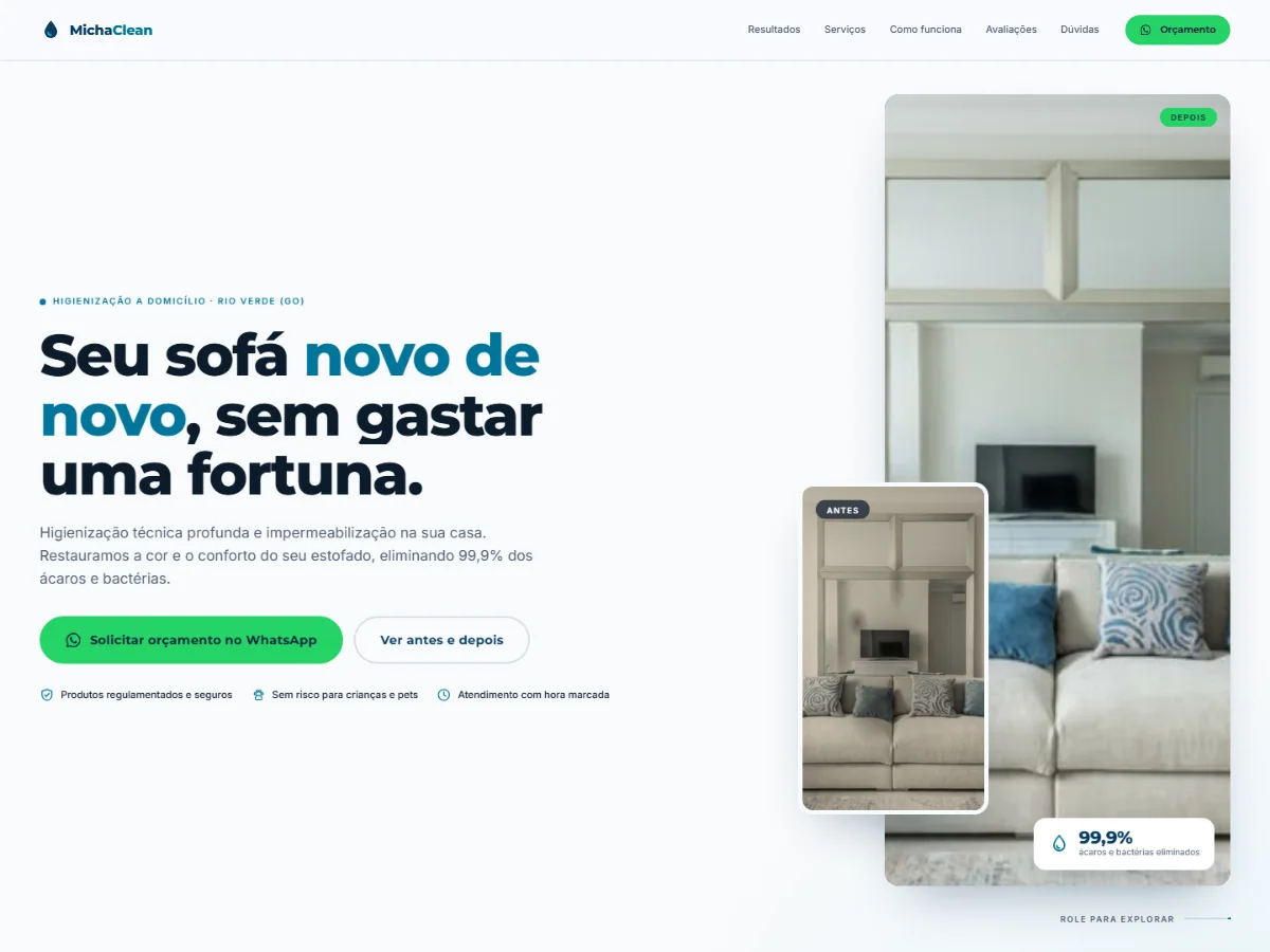 Tela inicial do site da Micha Clean