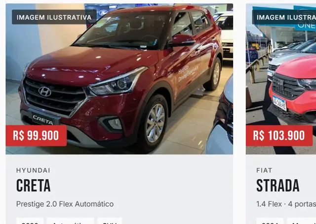 Vitrine de estoque da HDH Veículos com preço e ficha de cada carro