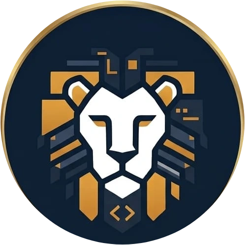 Logo LionStack: leão geométrico em moeda dourada
